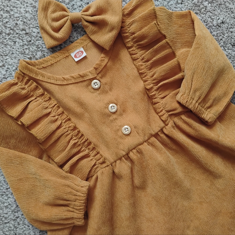 Cute Fall Golden Yellow Thin Corduroy Long Sleeve Ruffle Detail Dress | 12-18M